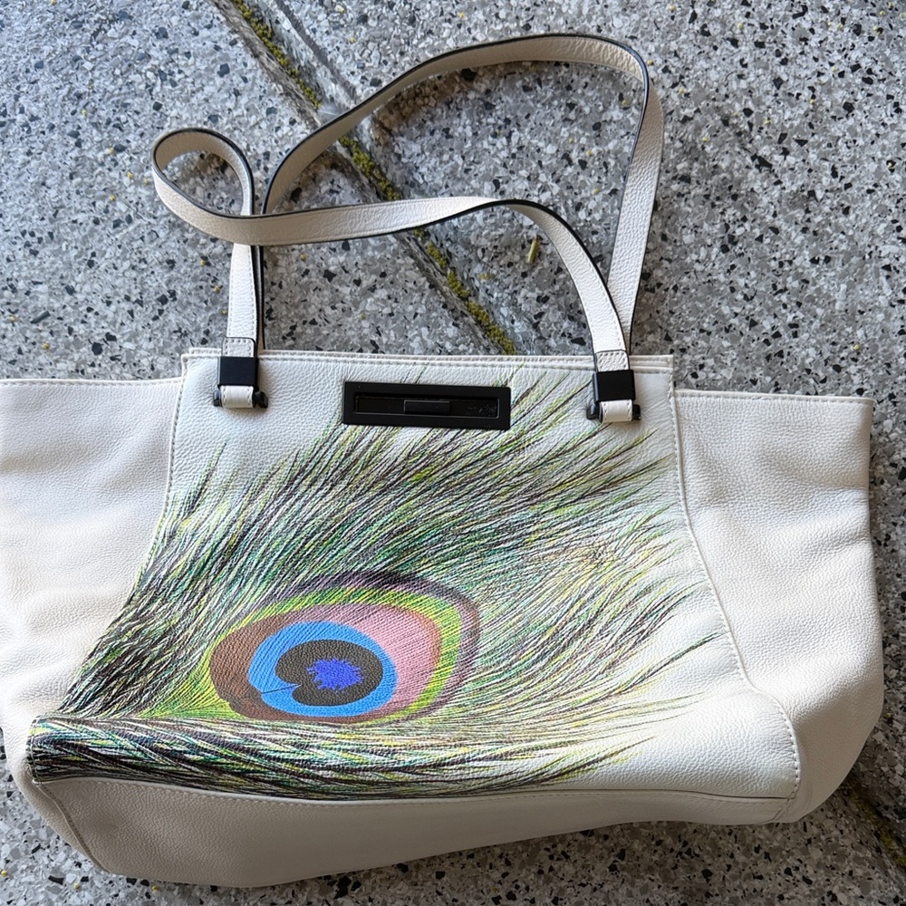 Elliott Lucca Cream Tote with Colorful Feather Design
